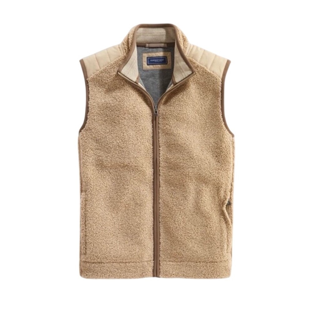 Vineyard Vines Nantucket Sherpa Fleece Vest Mens S Tan Quilted Shoulder Full Zip